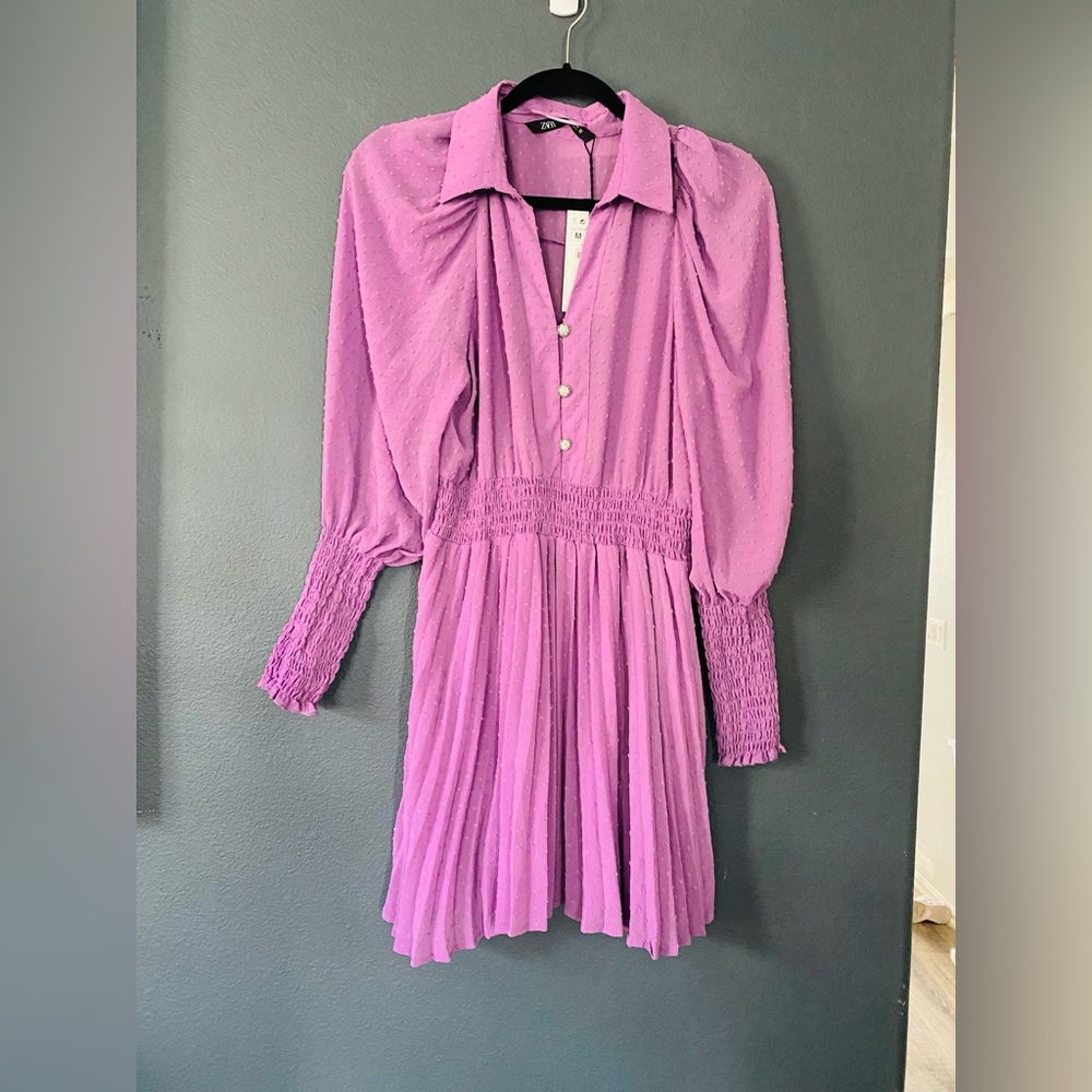 Zara purple Easter Mother’s Day work long sleeve dress pleated dress medium nwt